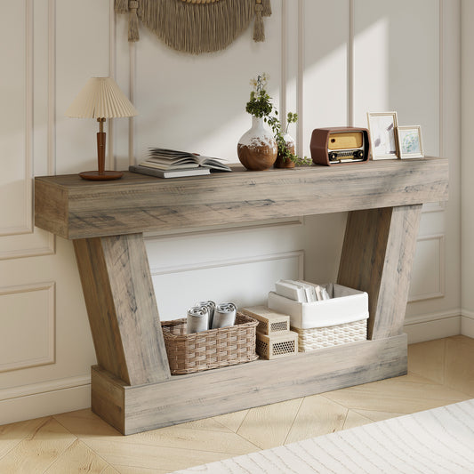 63" Vintage Console Table with Open Shelf, Light Brown