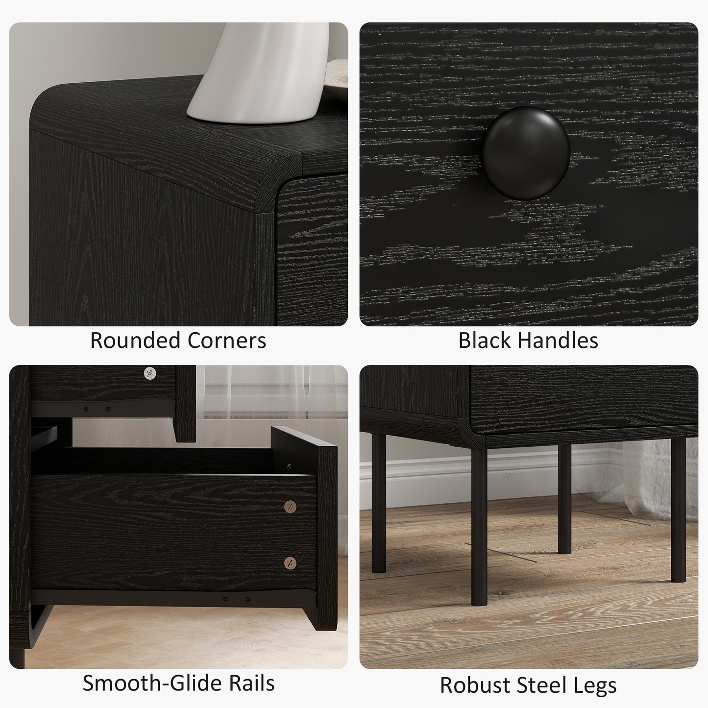 Modern Black Wood Grain Nightstands Set of Two, Dual Storage Drawers