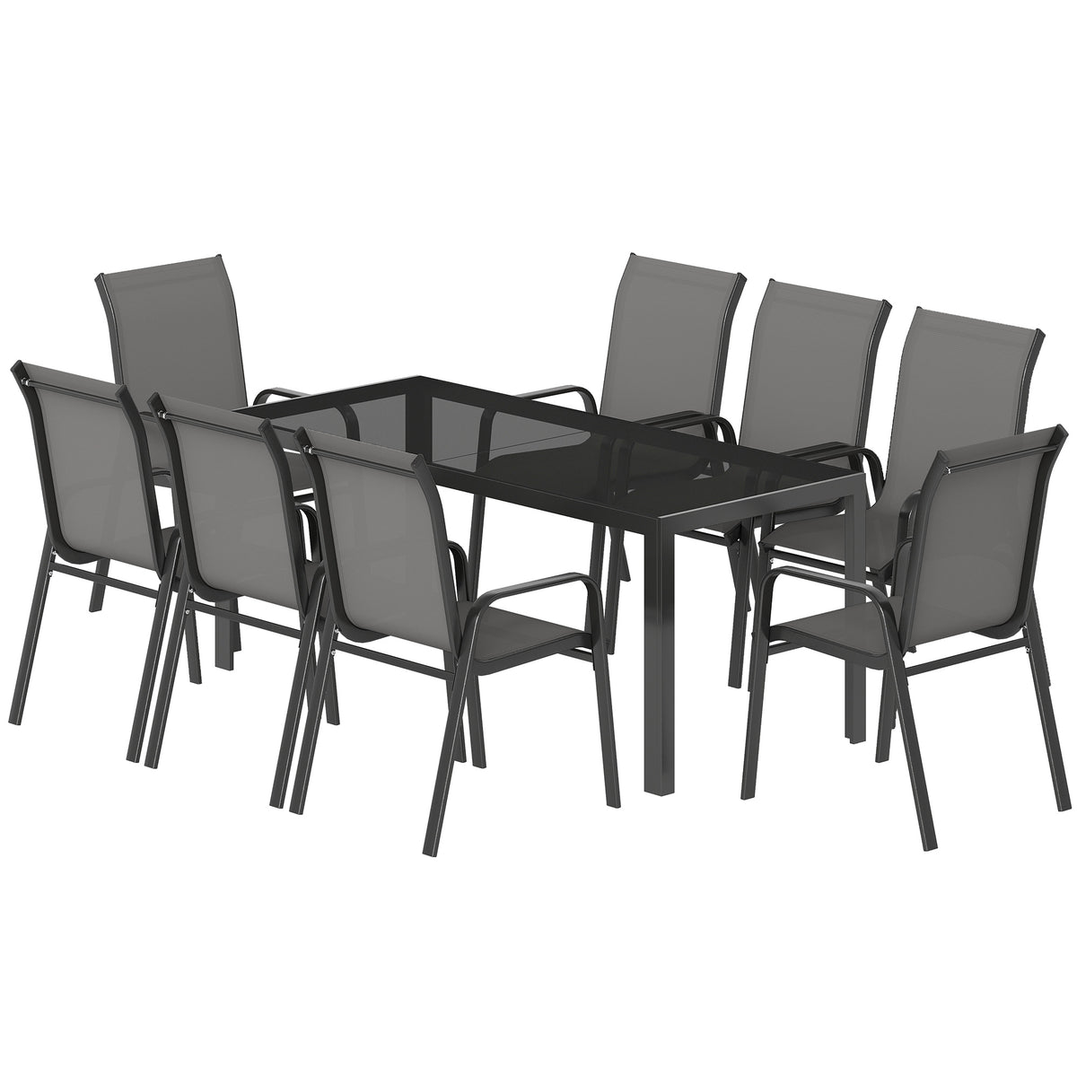 Outdoor Dining Sets for 8 with Stackable Chairs, Patio Dining Set with Glass Top Table for Garden, Patio, Backyard – Dark Grey