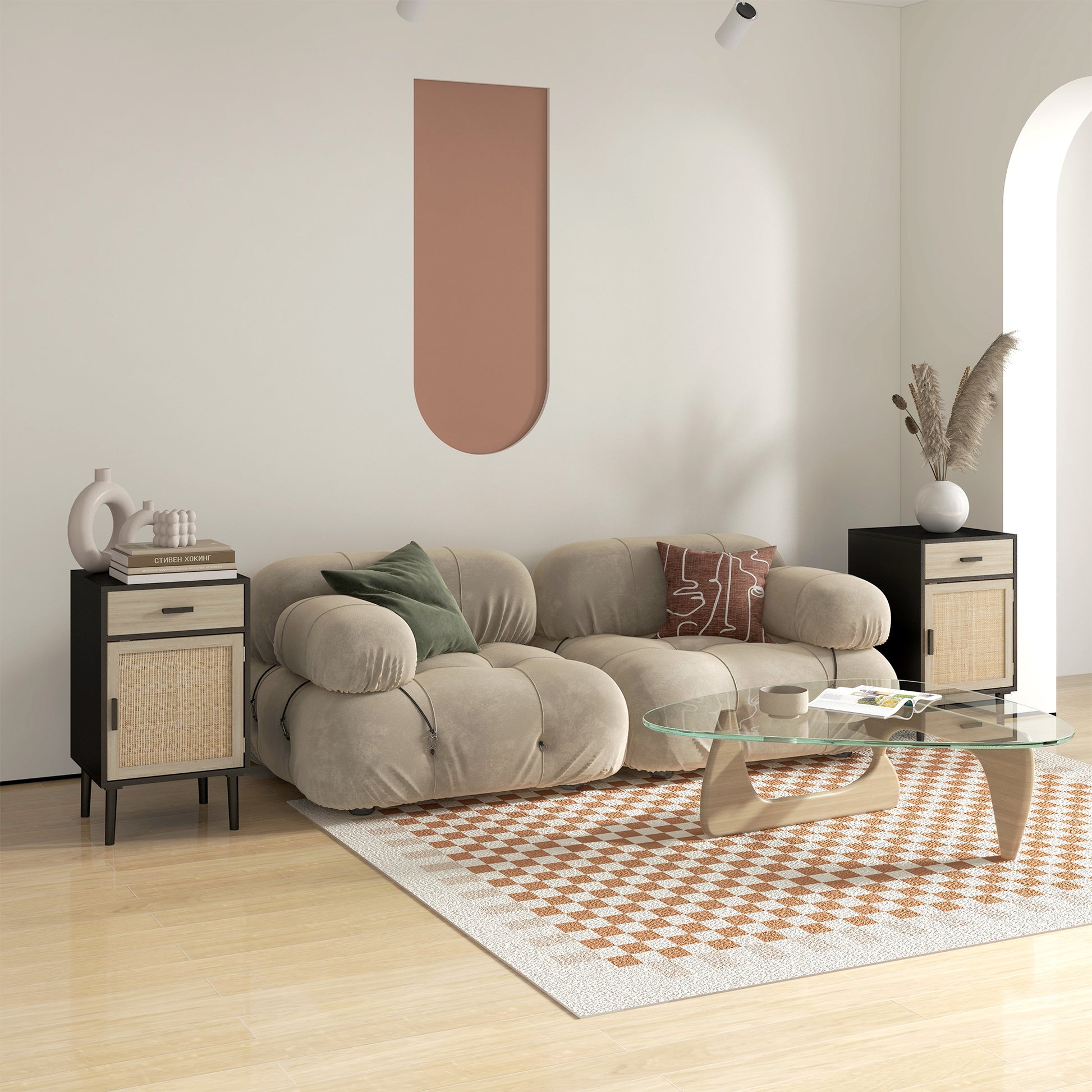 Elegant Dual Boho Rattan Nightstands with Drawer, Adjustable Shelf, Black Finish