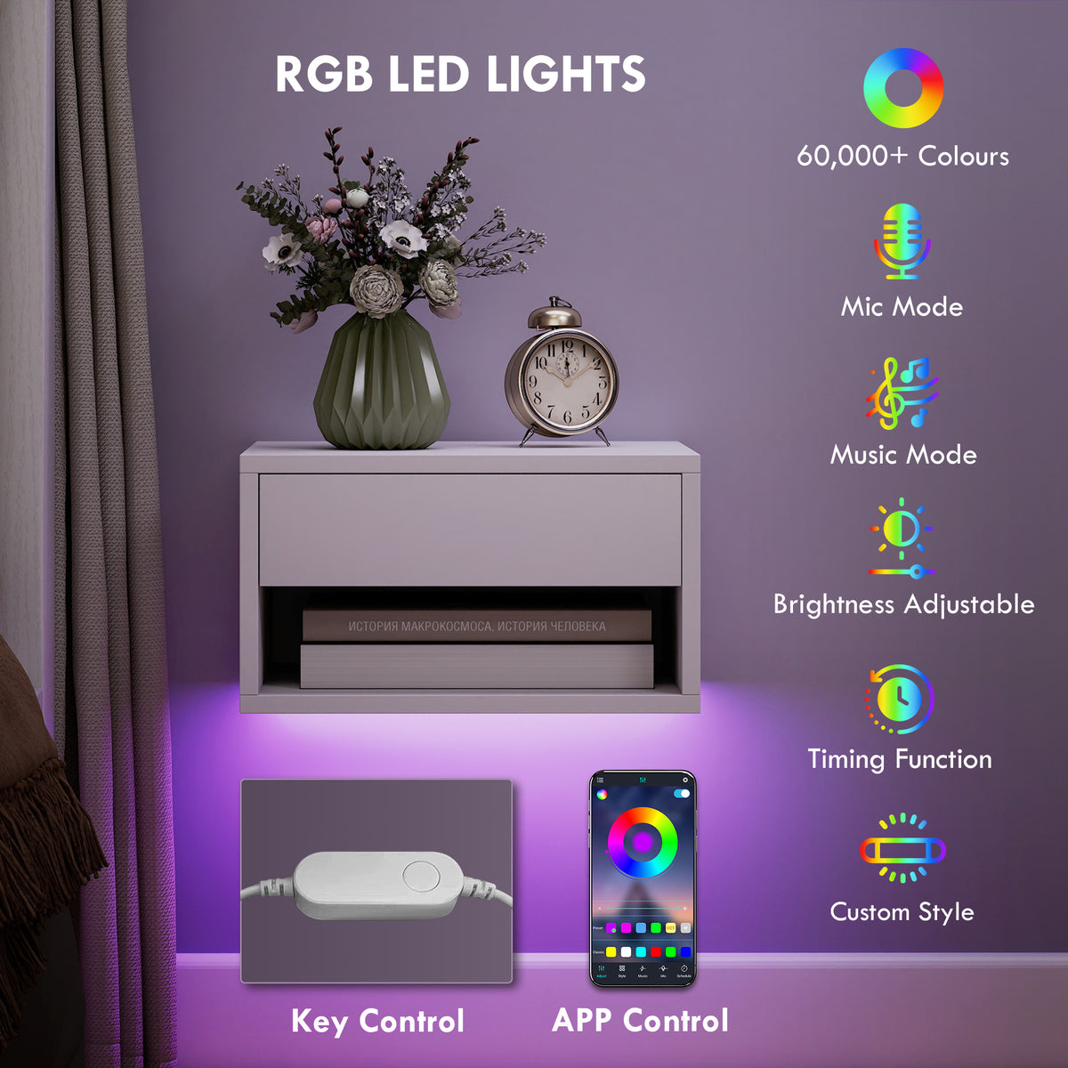 Floating Nightstands with RGB LED Lights, Set of 2 – 15"W x 8"H