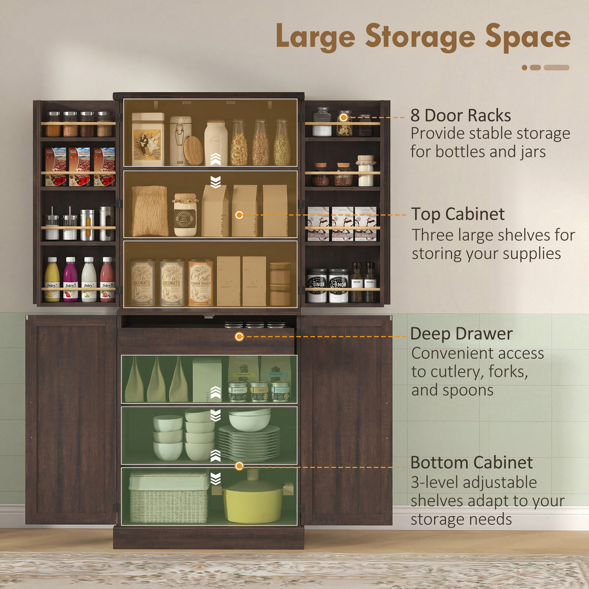 Farmhouse Storage Cabinet with 8 Door Racks and Adjustable Shelves – 30"W x 72"H