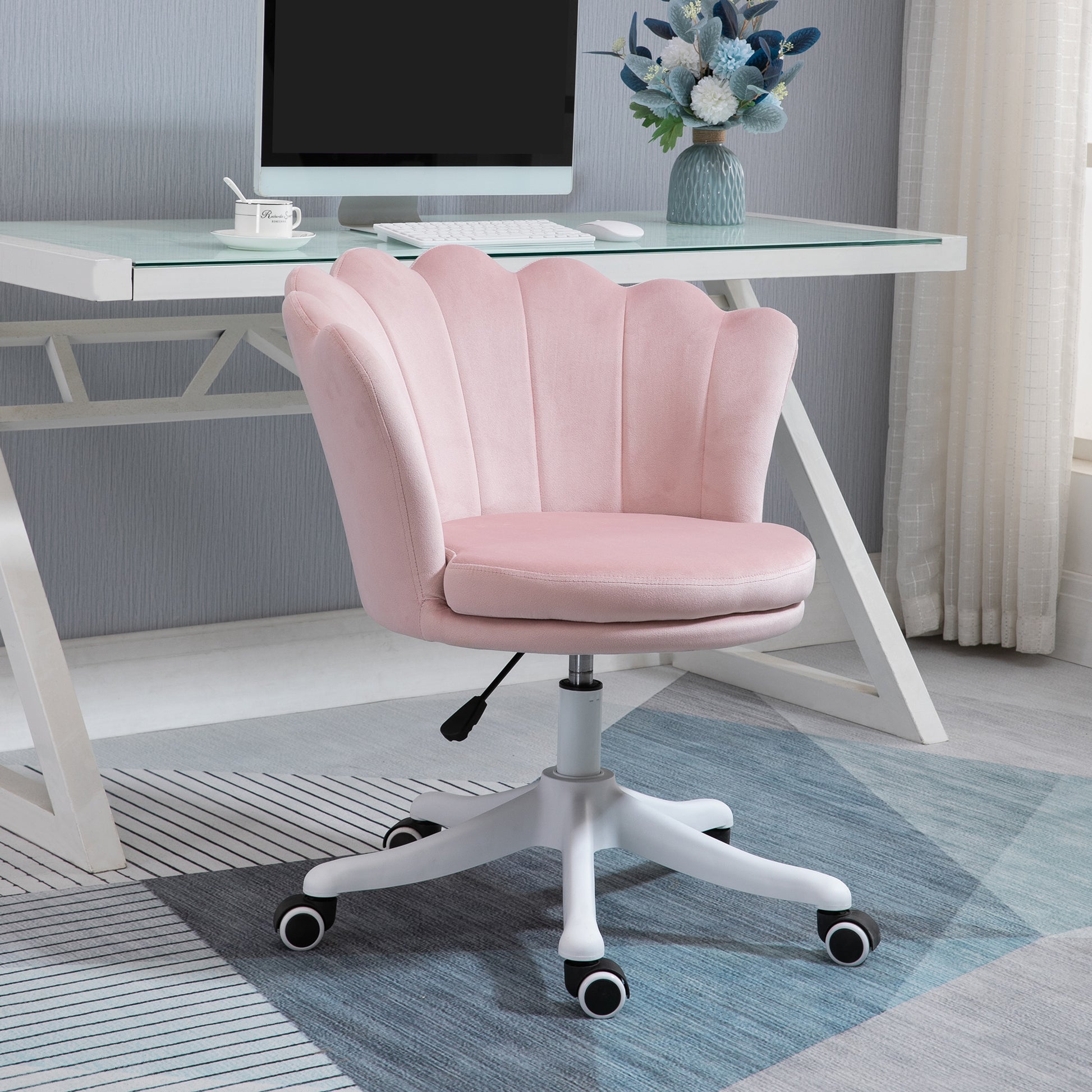 HOMCOM Pink Velvet Scallop Mid-Back Office Chair Adjustable Swivel Desk Computer Chair