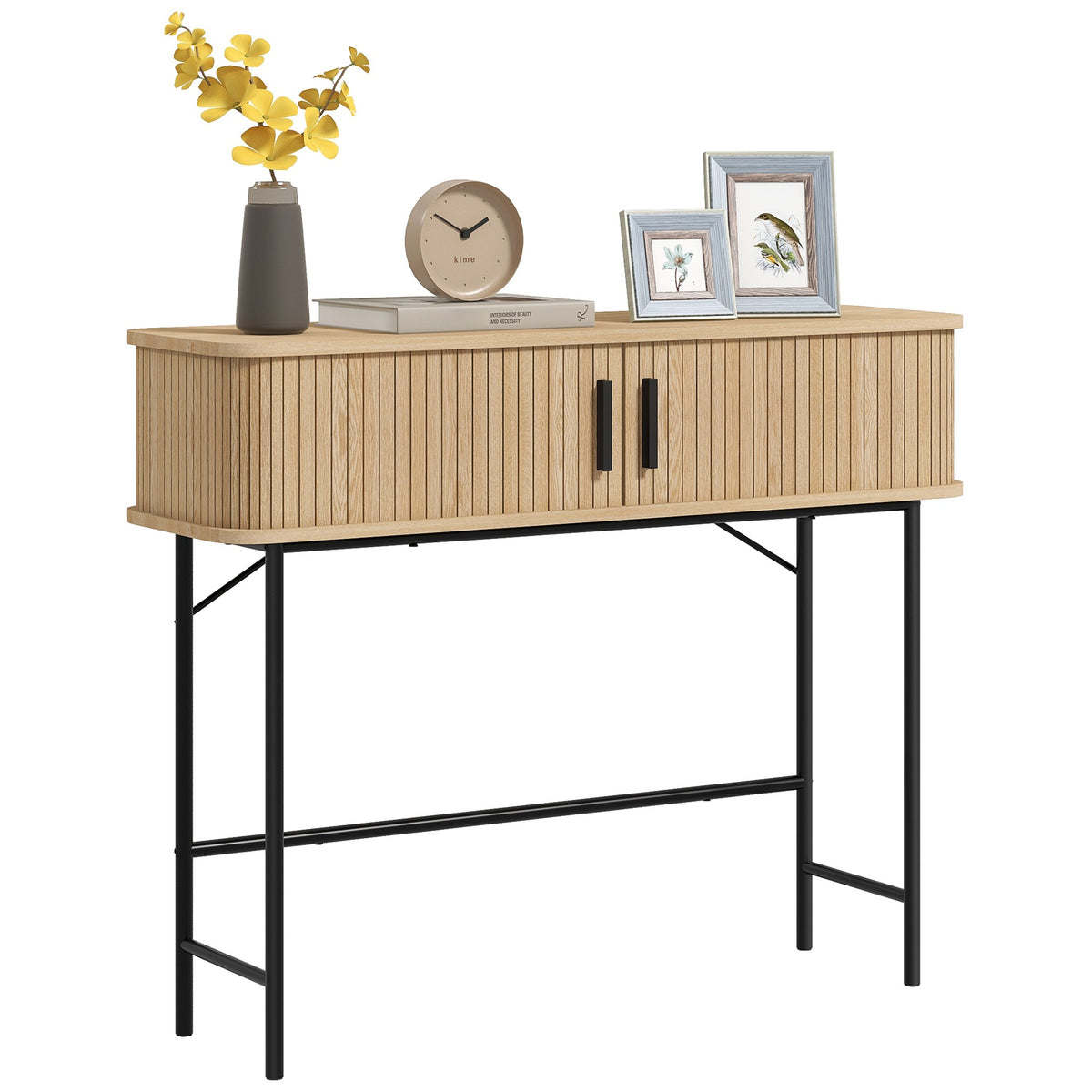 Mid-Century Entryway Console Table with Storage Compartments, Oak