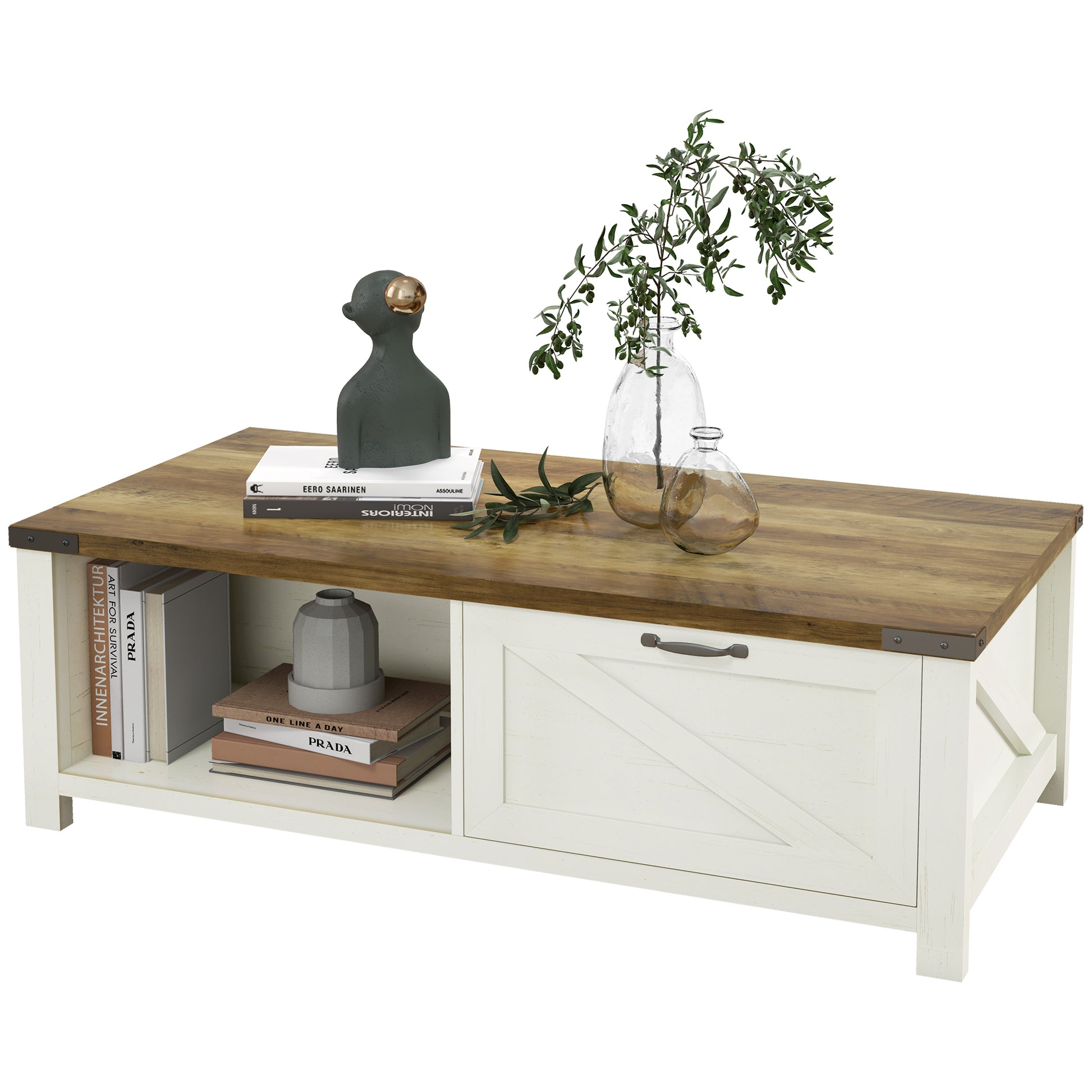 HOMCOM Industrial Farmhouse Coffee Table: Drawer, Open Storage, Modern Style