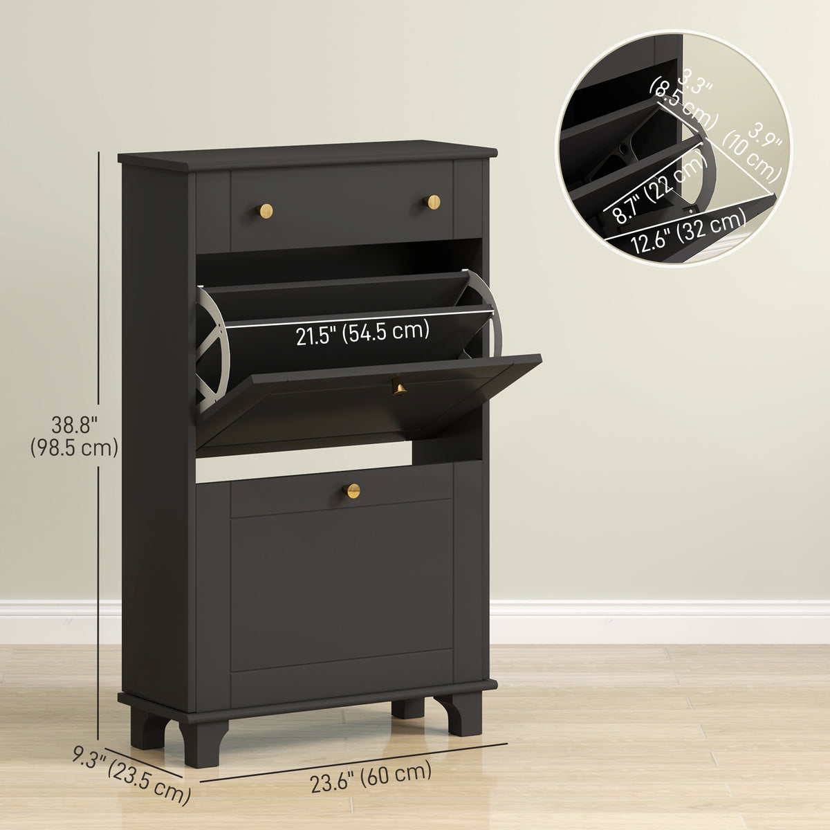 Slim Shoe Storage with 2 Flip Drawers and Adjustable Shelves – 24"W x 39"H