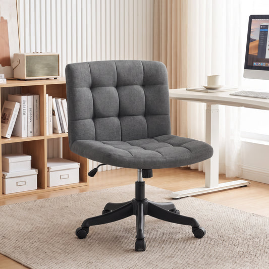 Armless Office Desk Chair, Linen Computer Chair with Rocking Function, Swivel, Wheels, Dark Grey