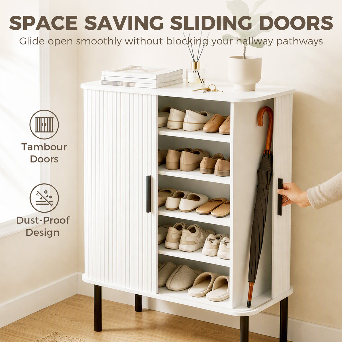 Shoe Cabinet with Tambour Door and Side Cubbies – 31"W x 37"H