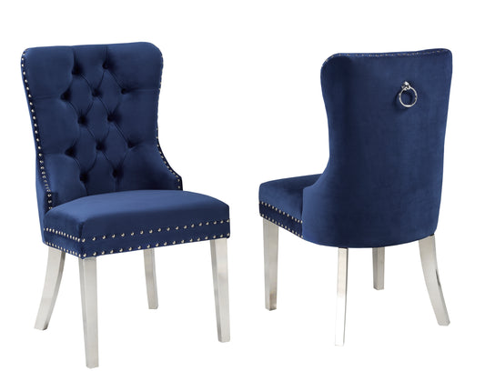 Luxurious Navy Velvet Tufted Dining Chairs Set of 2, Chrome Legs