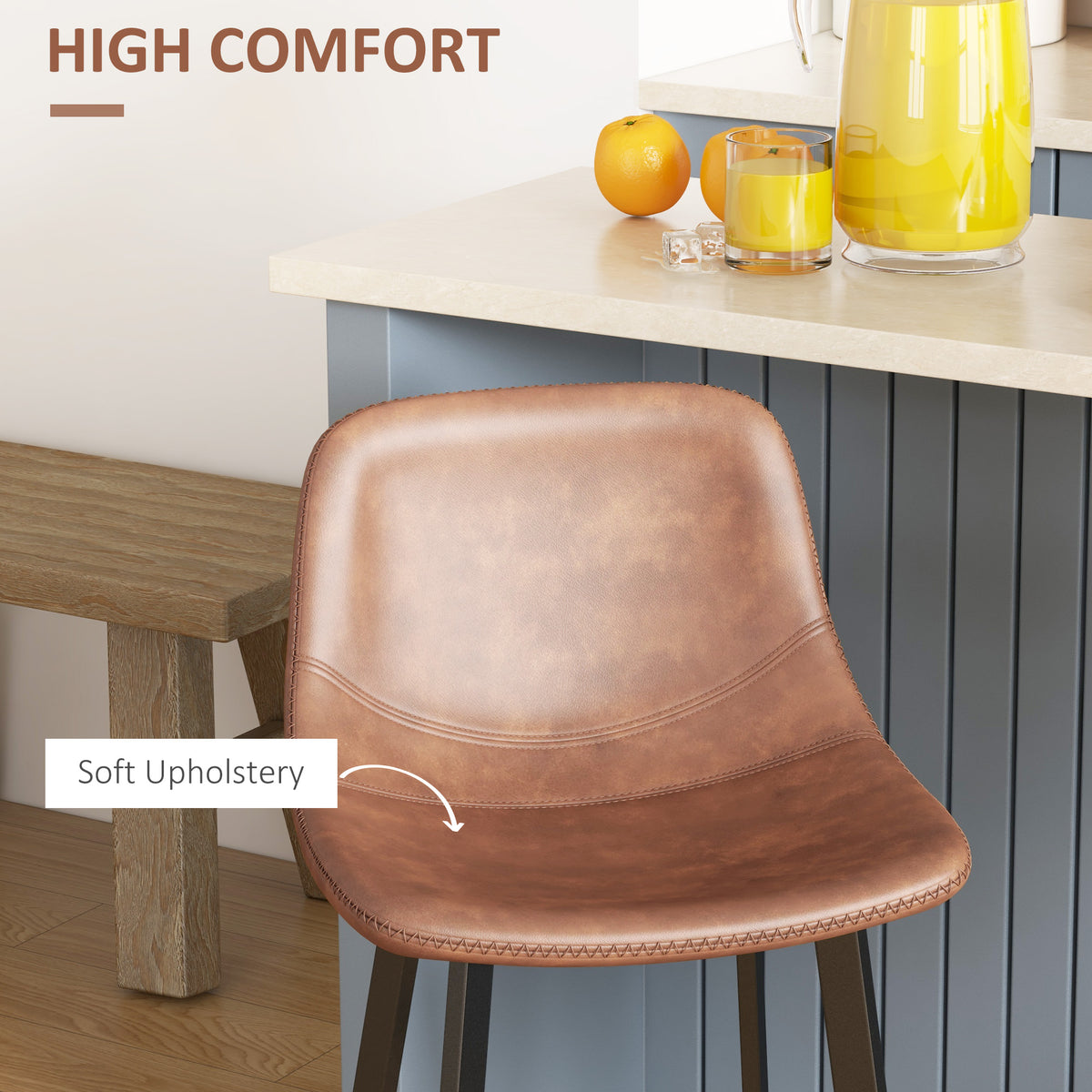 PU Leather Counter Stools with Curved Back and Steel Legs, Set of 2, Brown