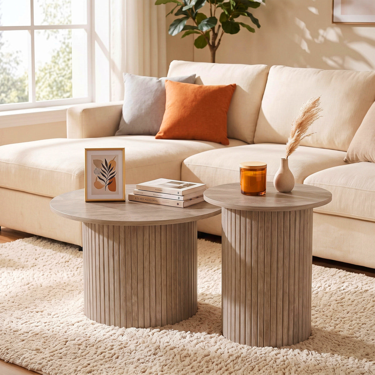HOMCOM Round Nesting Coffee Table Set of 2, Fluted Mid Century Modern Circle Side Tables, Weathered Coffee Wood Grain