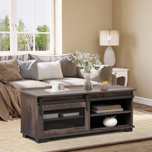 HOMCOM Farmhouse Industrial Coffee Table with Sliding Barn Door, Adjustable Shelf, Dark Brown