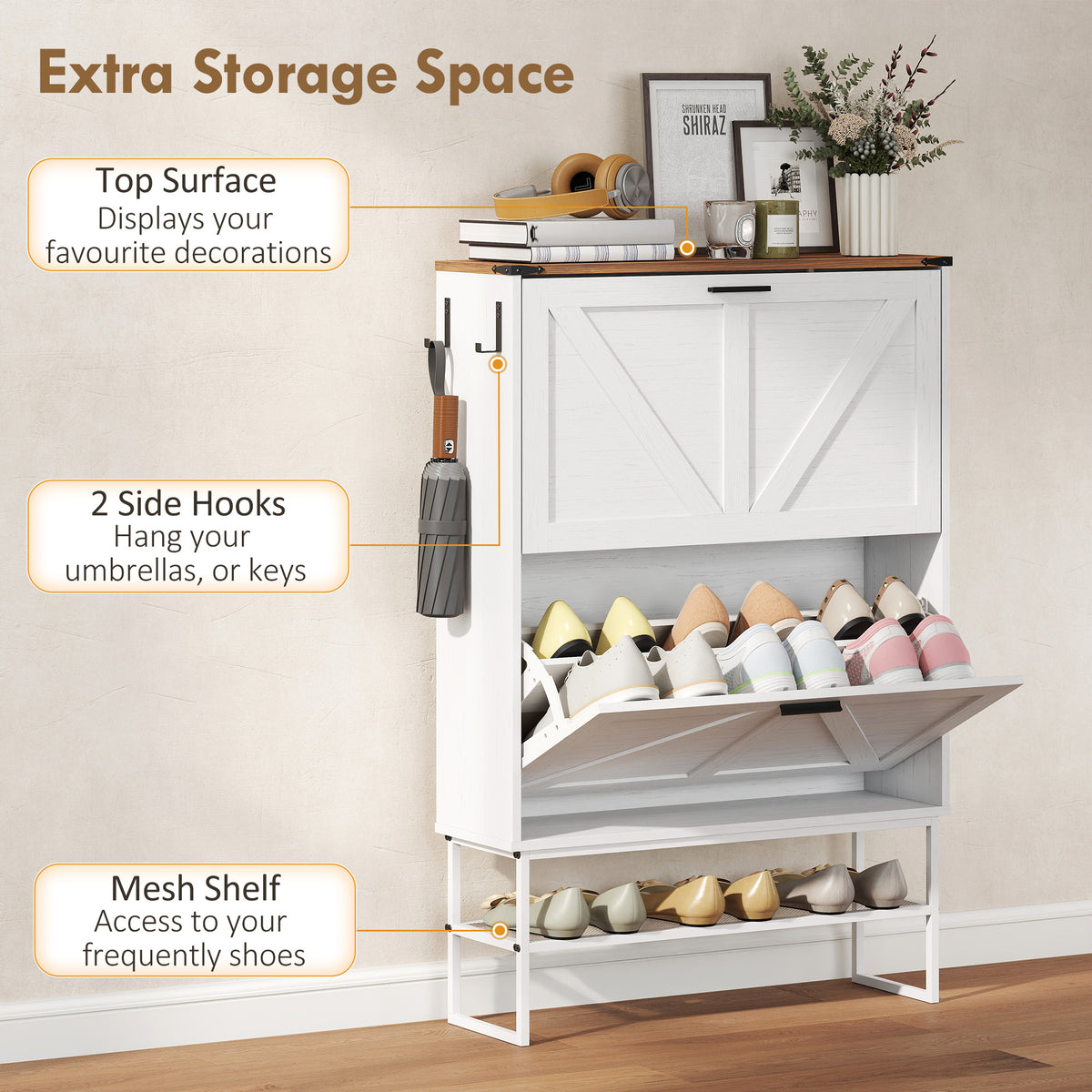 Narrow Shoe Storage Cabinet with 2 Flip Drawers – 31"W x 46"H