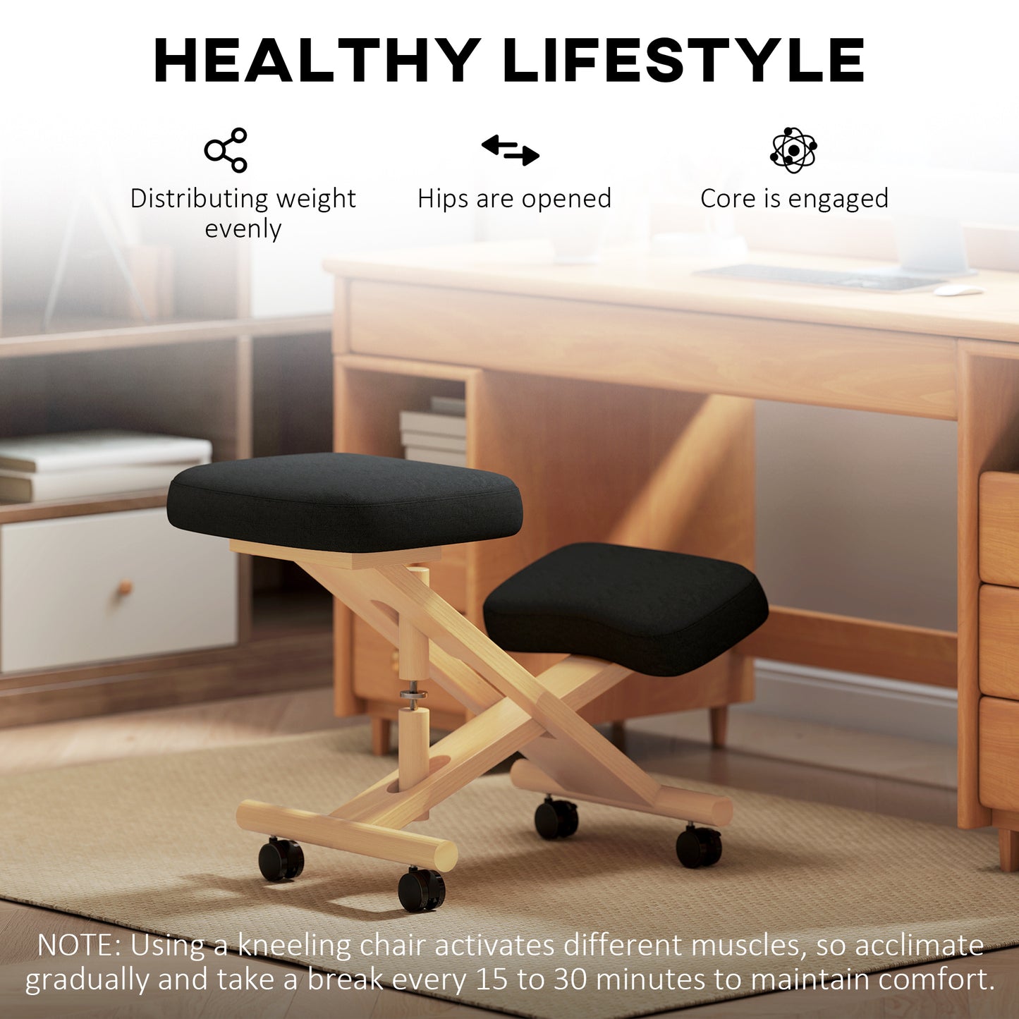 HOMCOM Ergonomic Kneeling Posture Chair: Rubberwood Frame, Rolling Wheels, Black
