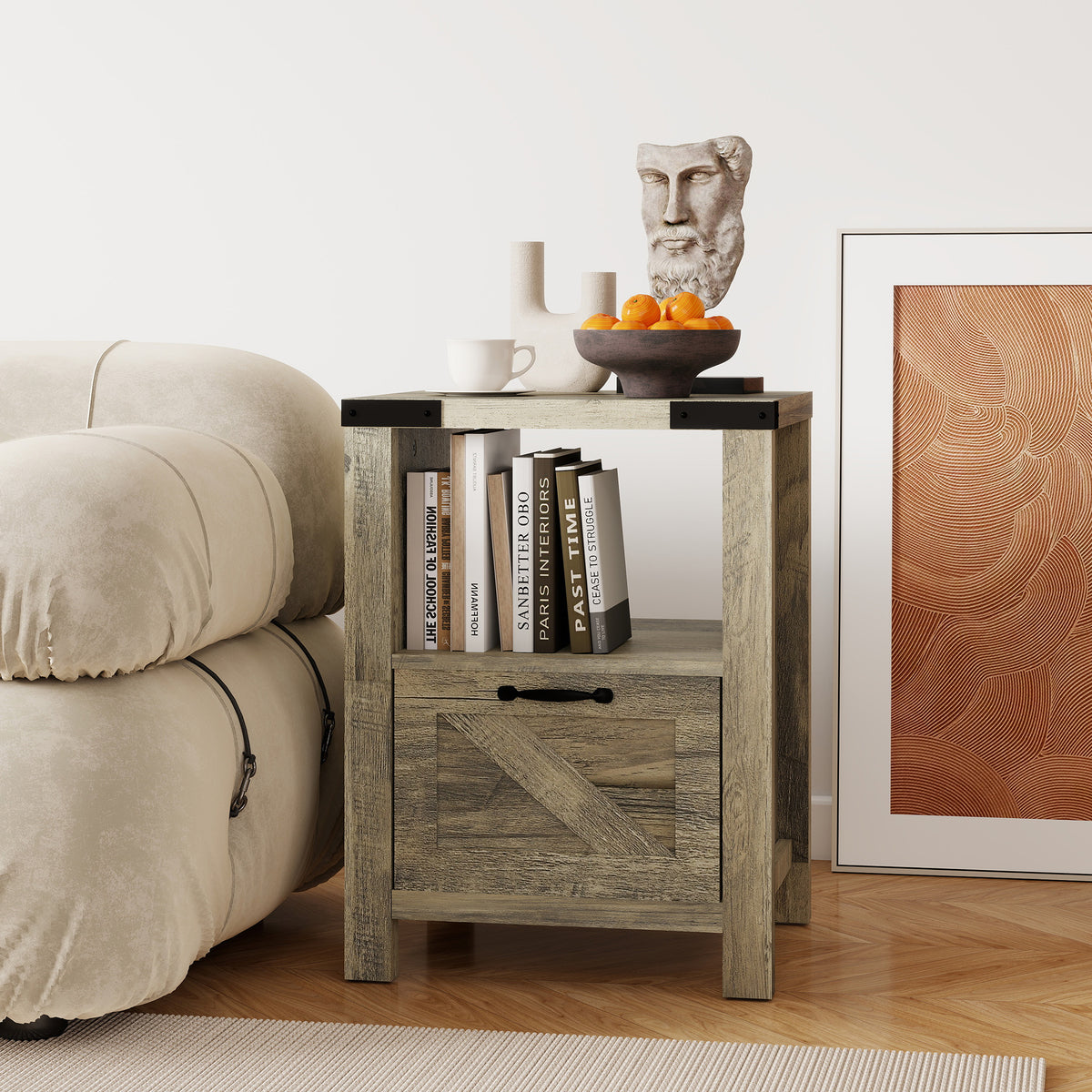 Farmhouse Nightstand with Drawer and Barn-Style Panel – 18"W x 24"H