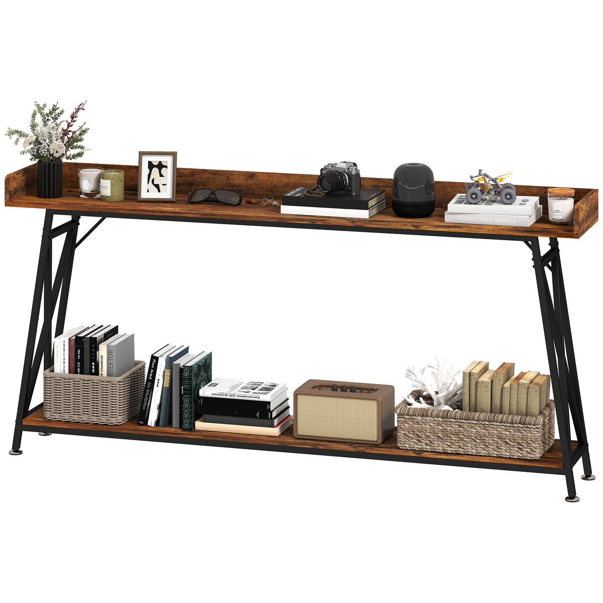 71" Extra Long Industrial Console Table with Shelf & Guardrails