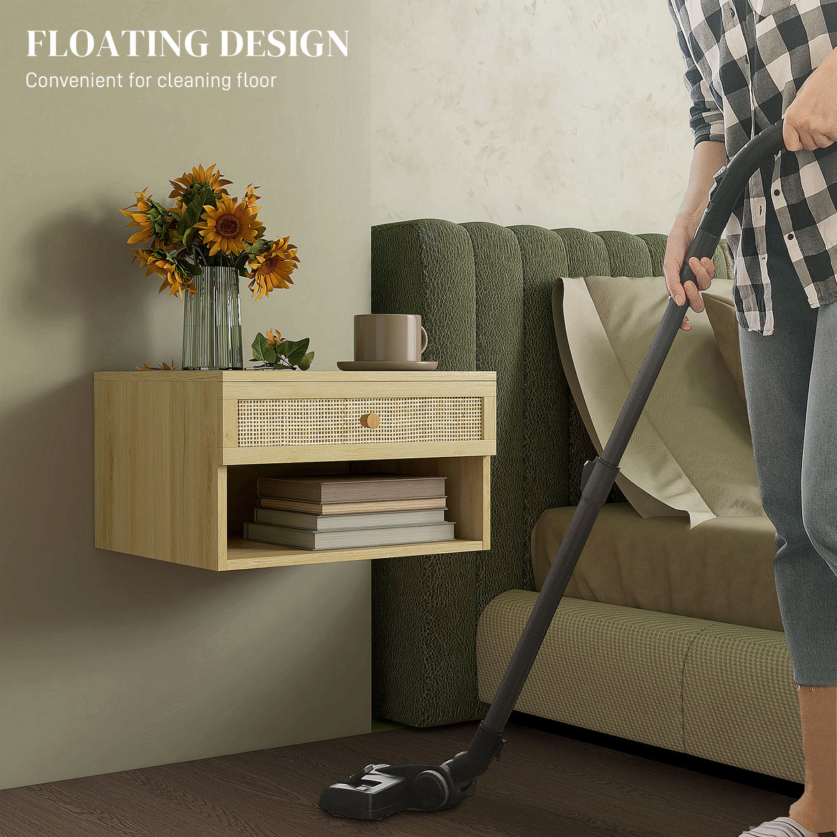 Nordic Floating Nightstands with Drawer and Shelf, Set of 2 – 16"W x 9"H