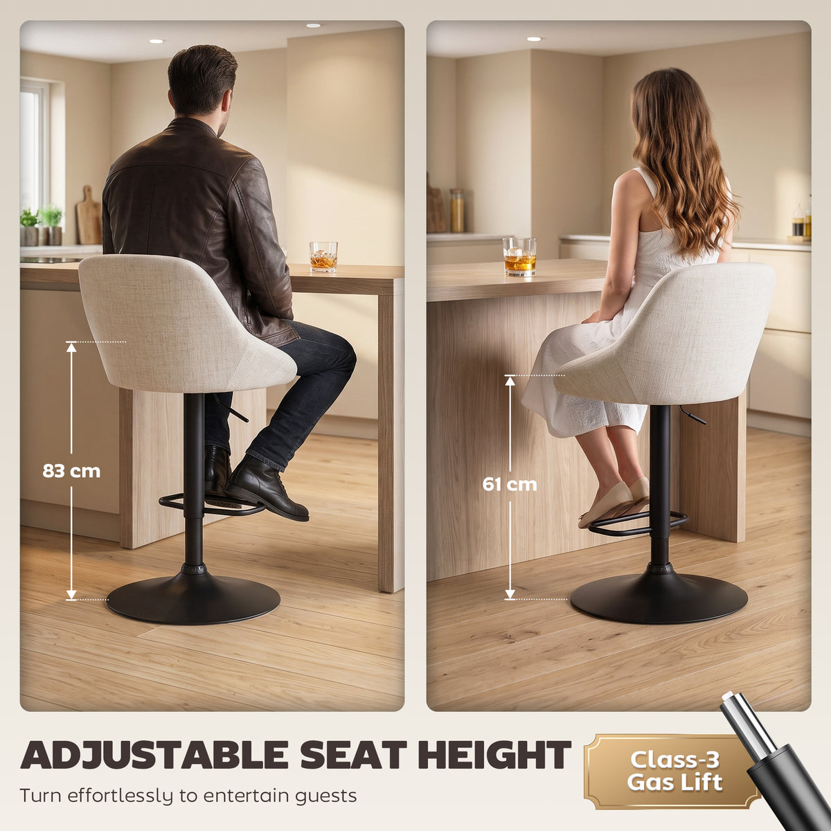 Linen-Look Swivel Counter Stools with Back, Set of 3, Cream White