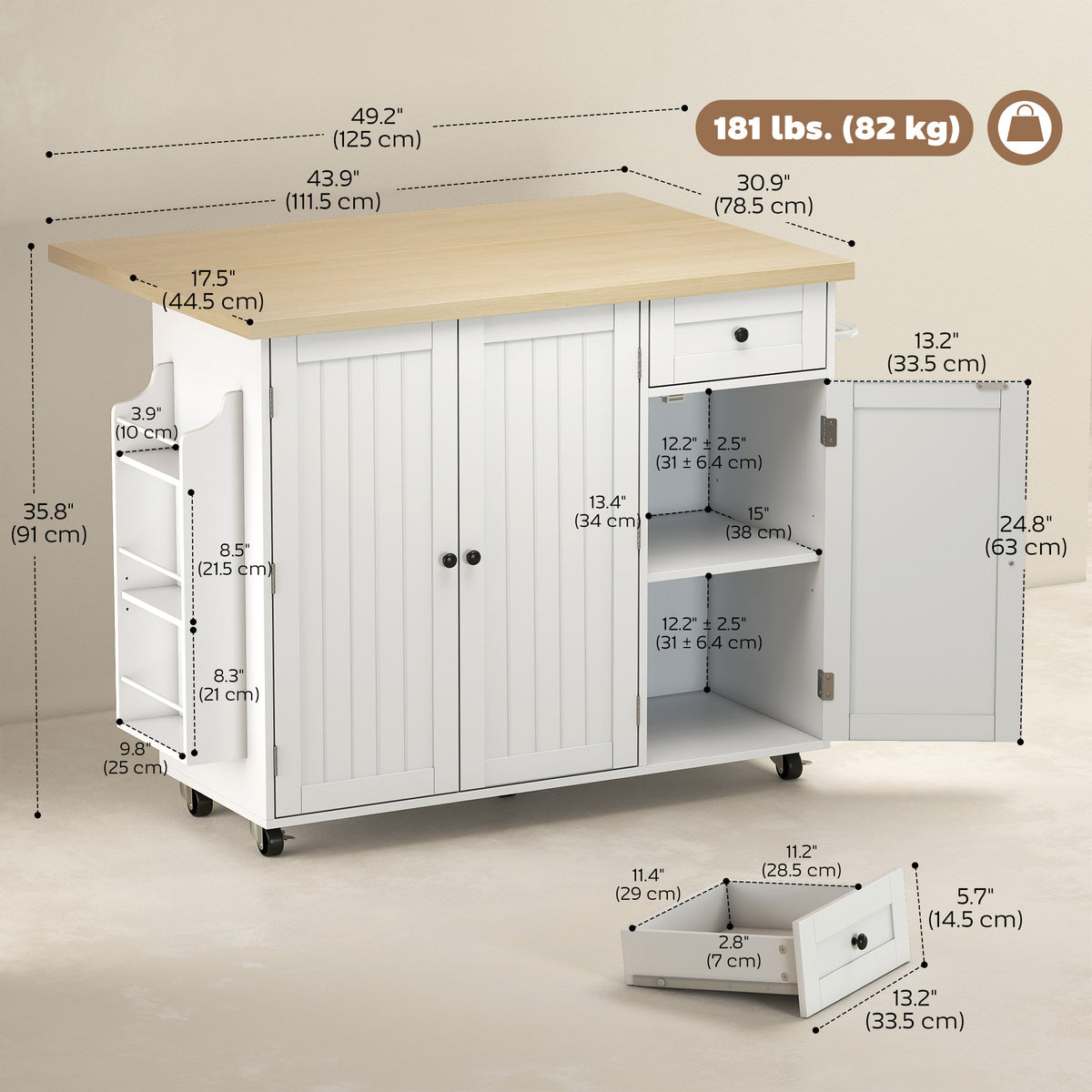 Rolling Kitchen Island Table with Drop Leaf – 49"W x 36"H