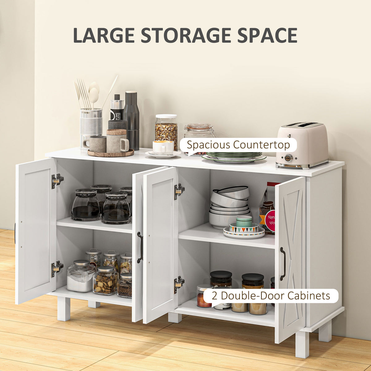 Kitchen Sideboard Cabinet with 4 Barn Doors and 2 Adjustable Shelves – 47"W x 30"H