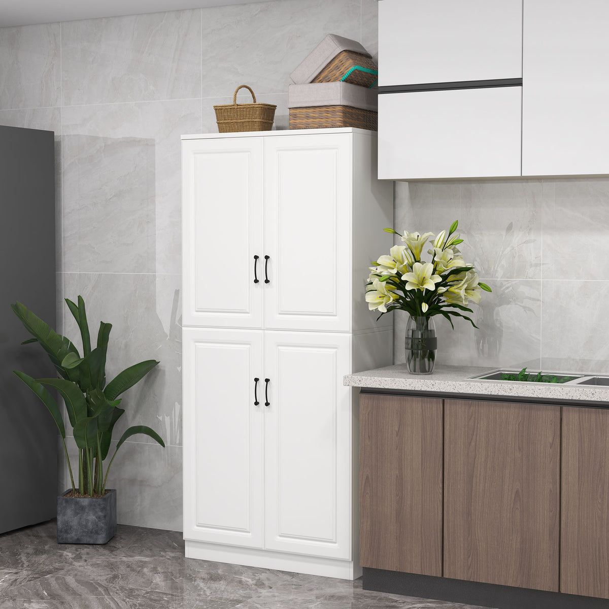 Freestanding Kitchen Pantry Cabinet with 4 Hinged Doors and Adjustable Shelves – 32"W x 71"H