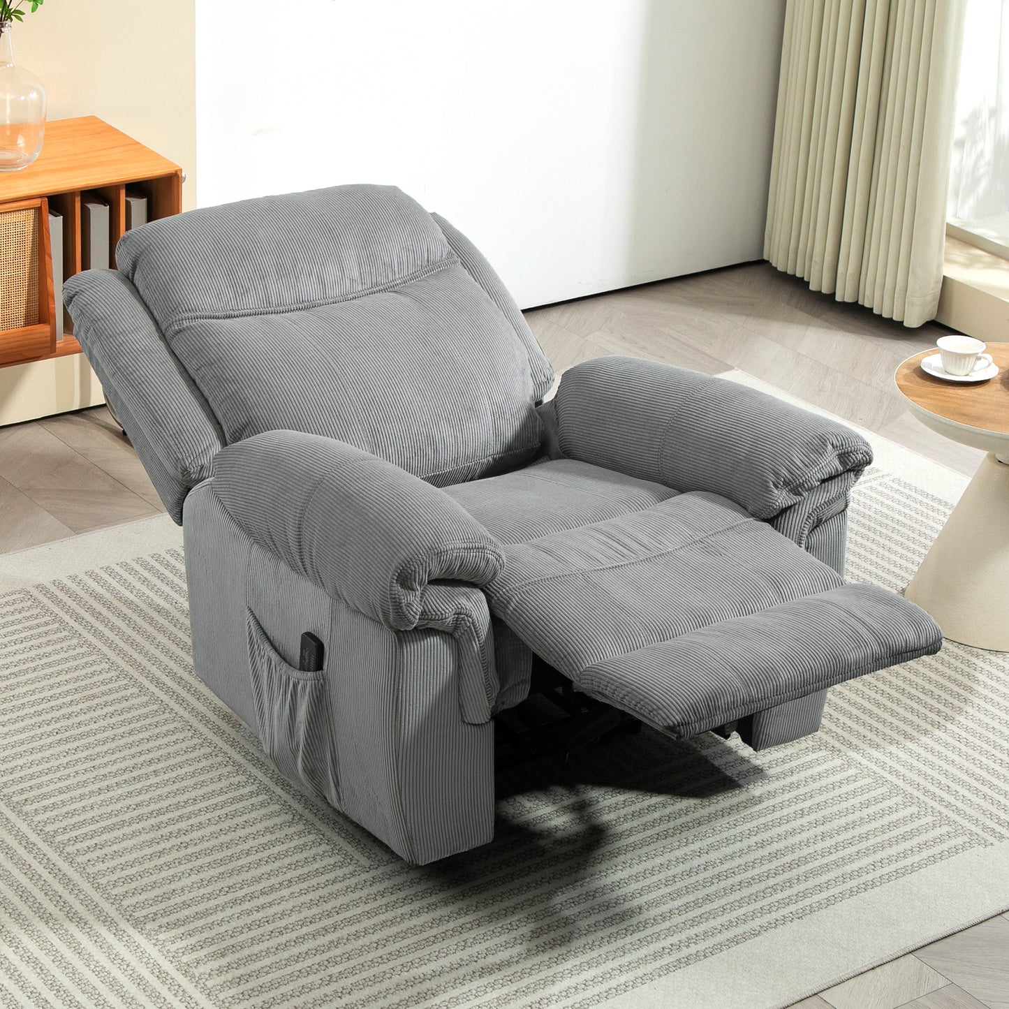HOMCOM Manual Recliner Chair with Vibration Massage, Side Pockets, Plush Corduroy Fabric, Grey