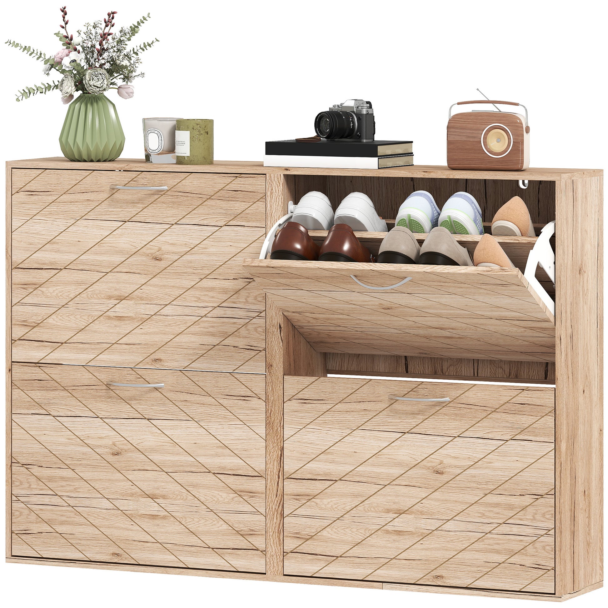 HOMCOM Slim Oak 4-Drawer Shoe Cabinet for 12 Pairs, Entryway Storage