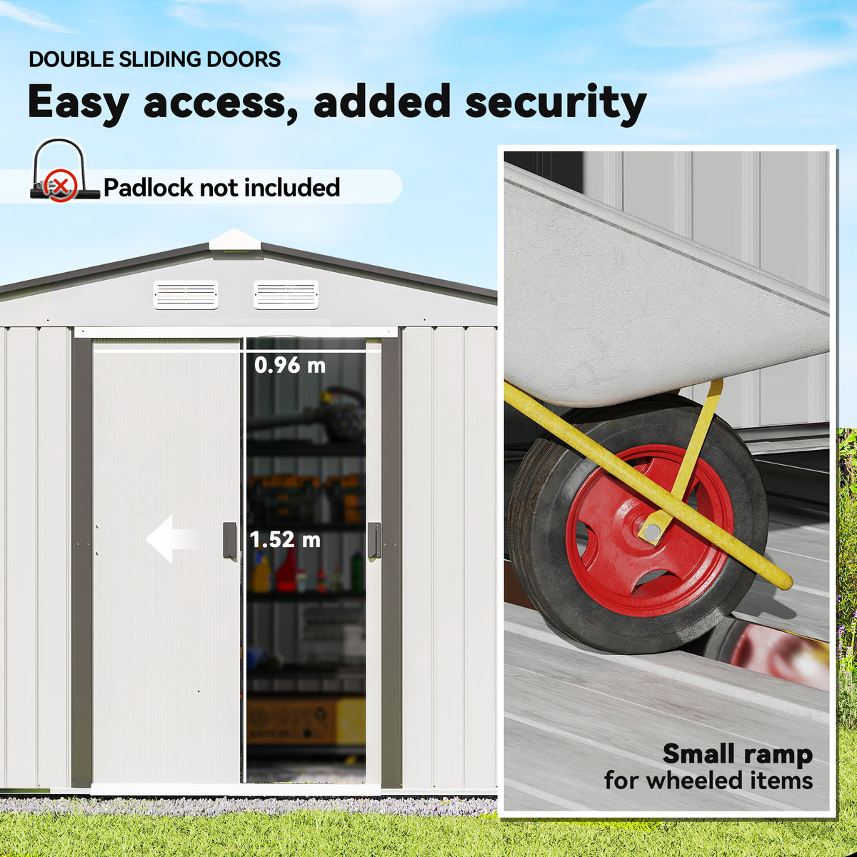 9.1'x6.4'x6.3' Garden Storage Shed, Outdoor Storage Tool House with Vents, Foundation and Lockable Double Doors – Silver