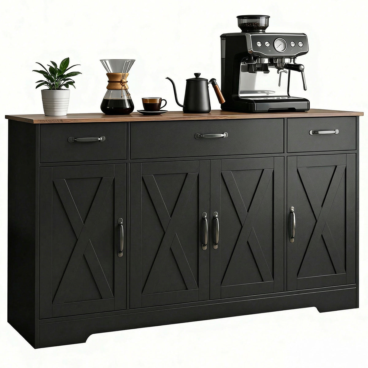 Farmhouse Kitchen Cabinet with 4 Barn Doors – 55"W x 32"H
