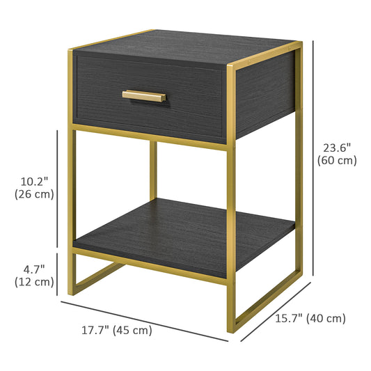 HOMCOM Modern Black Nightstand Set: Drawer, Shelf, Steel Frame