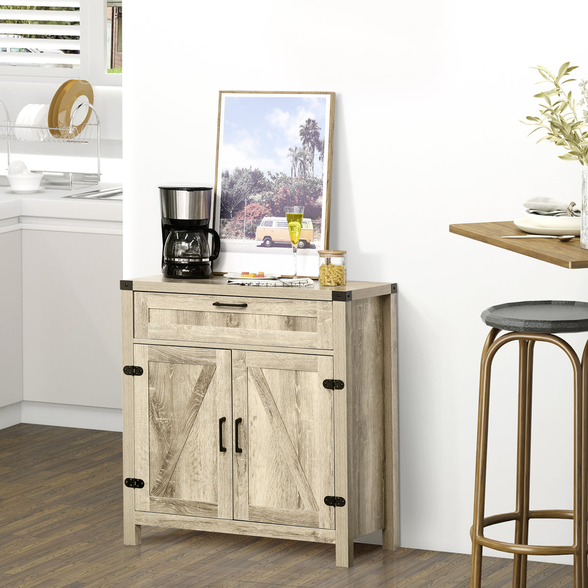 Sideboard Buffet Cabinet with 2 Rustic Barn Doors and Drawer – 30"W x 33"H