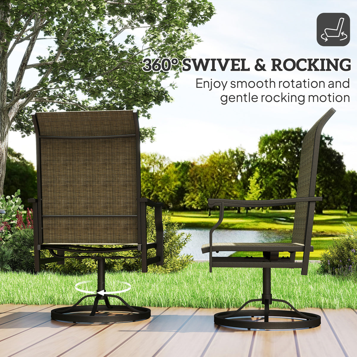 Patio Swivel Chair Set of 2, Swivel Rocker Outdoor Chairs with High Back, for Lawn Garden Backyard Deck – Brown