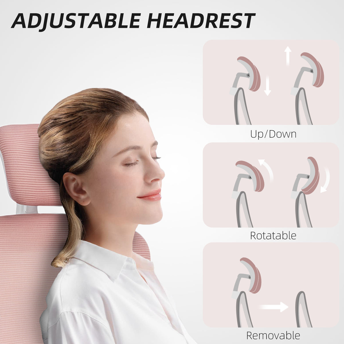 Ergonomic Mesh Office Chair, High Back Desk Chair with Rotatable Headrest, Pink