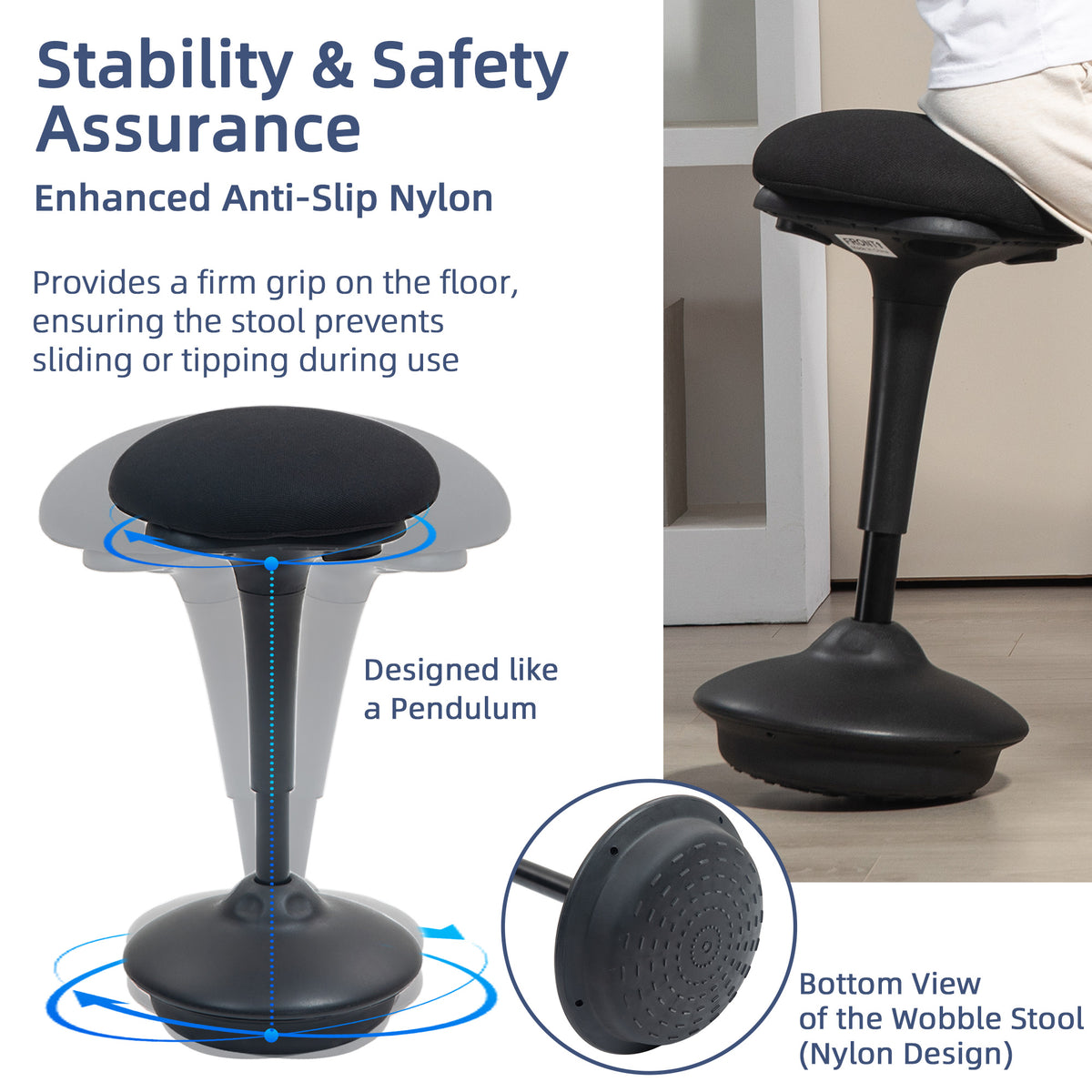 Swivel Standing Desk Chair, Backless Wobble Stool Chair, Black