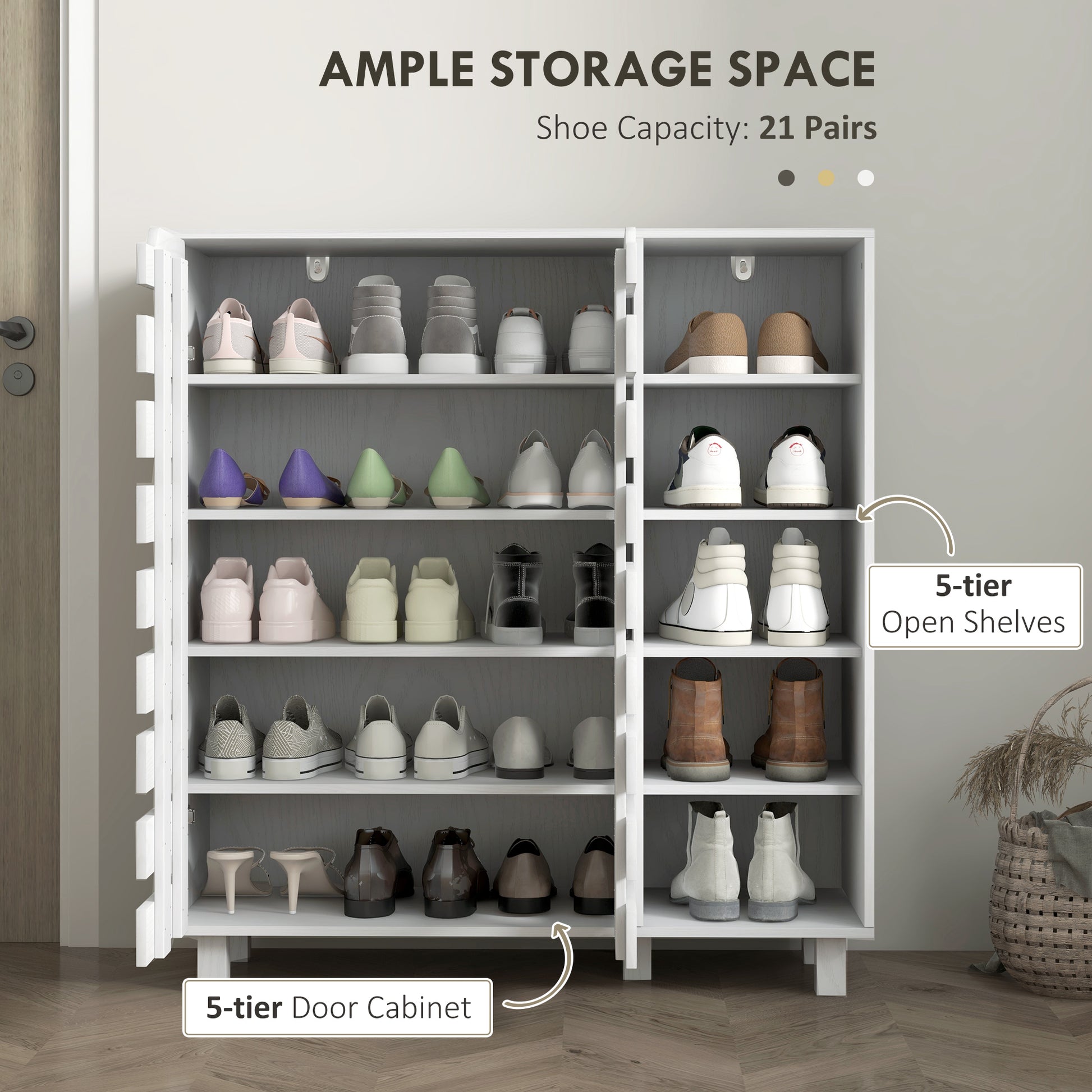 HOMCOM White 5-Tier Shoe Cabinet Organizer: Double Door & Open Shelves
