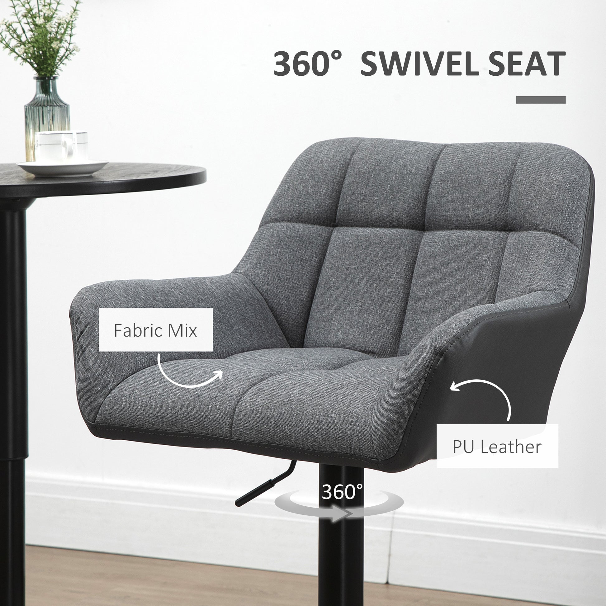 HOMCOM Modern Adjustable Swivel Bar Stools Set, Tufted Fabric, Armrests, Footrest, Grey