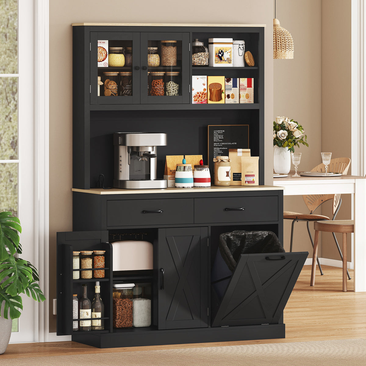 Kitchen Pantry with Charging Station, Microwave Stand and Trash Can Cabinet – 44"W x 69"H