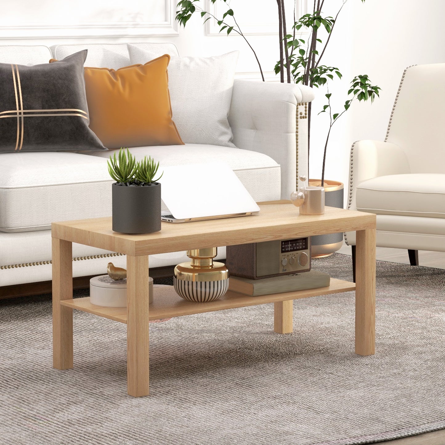 HOMCOM 2-Tier Rectangular Coffee Table with Storage Shelf, Natural Wood Finish