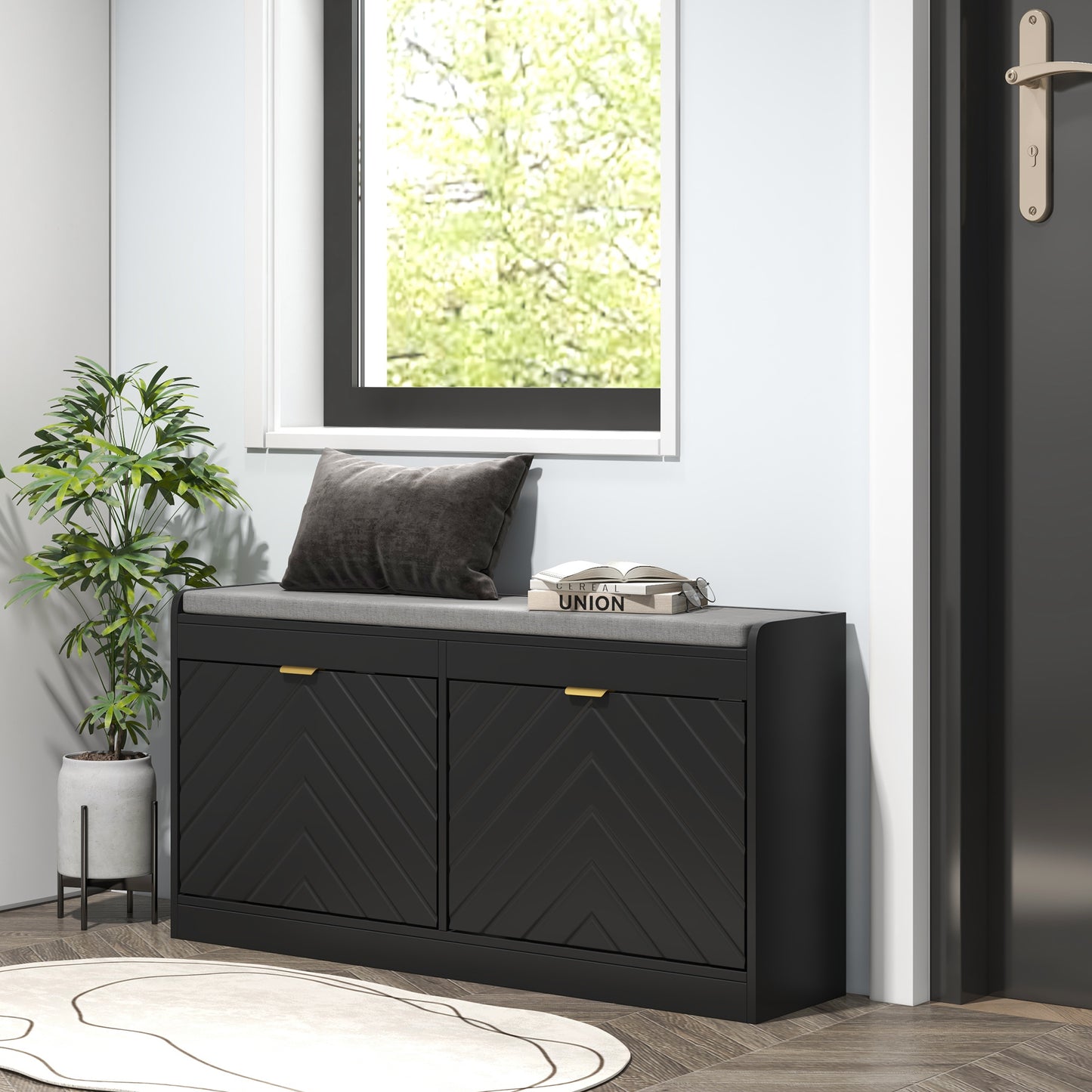 Modern Upholstered Hallway Shoe Storage Bench with Flip Drawers & Vents