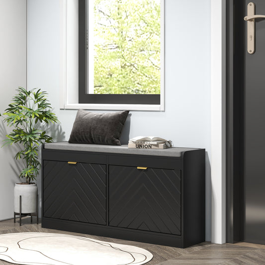 Modern Upholstered Hallway Shoe Storage Bench with Flip Drawers & Vents