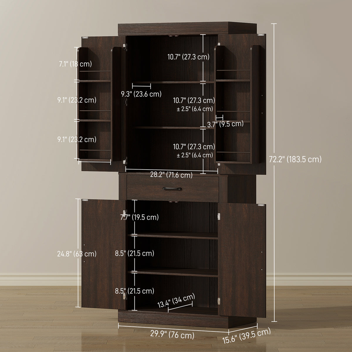 Farmhouse Kitchen Storage Cabinet with 4 Barn Doors – 30"W x 72"H