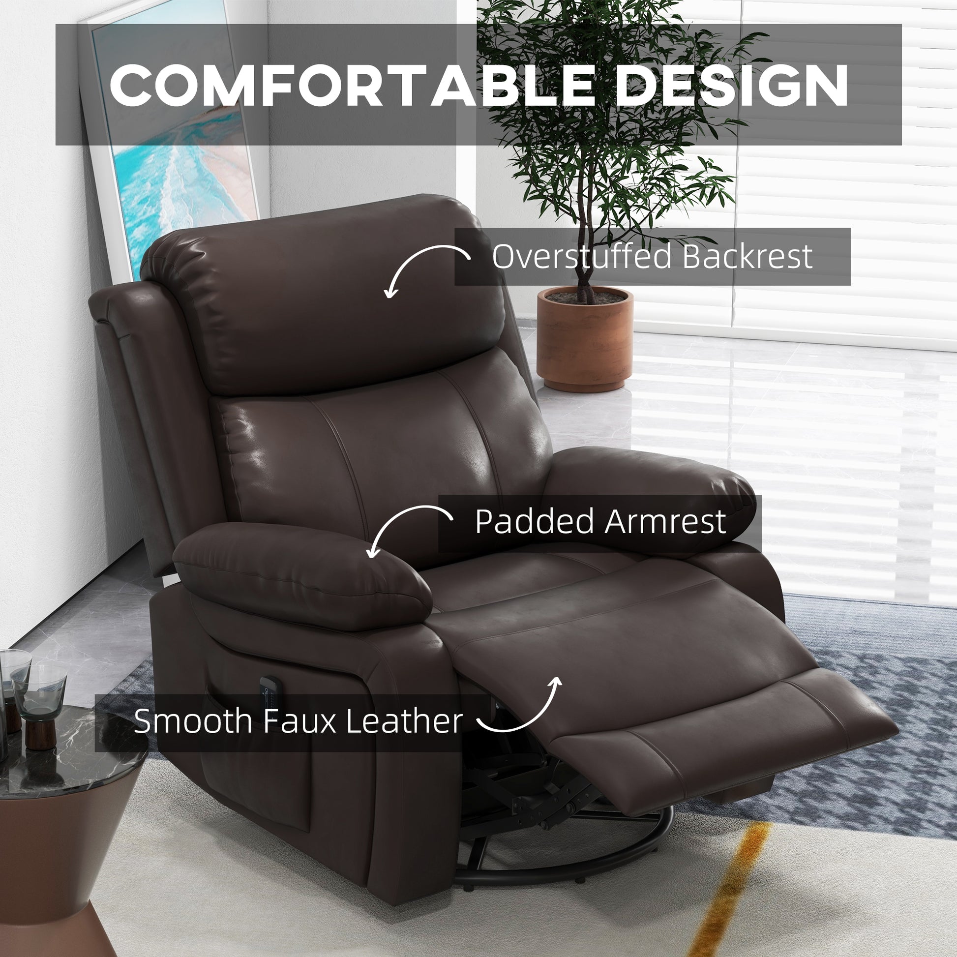HOMCOM Brown PU Leather Massage Recliner Swivel Rocking Chair