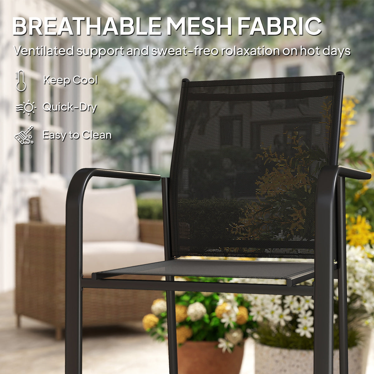 Stackable Patio Chairs Set of 4, Outdoor Dining Chairs with 20" Deep Seat, All Weather Breathable Mesh, Armrests – Black