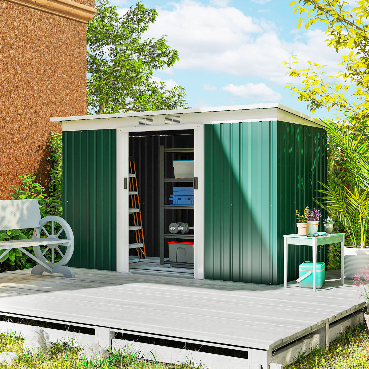 9' x 4' Garden Metal Storage Shed Outdoor Equipment Tool Box with Foundation Kit, Ventilation & Doors – Dark Green