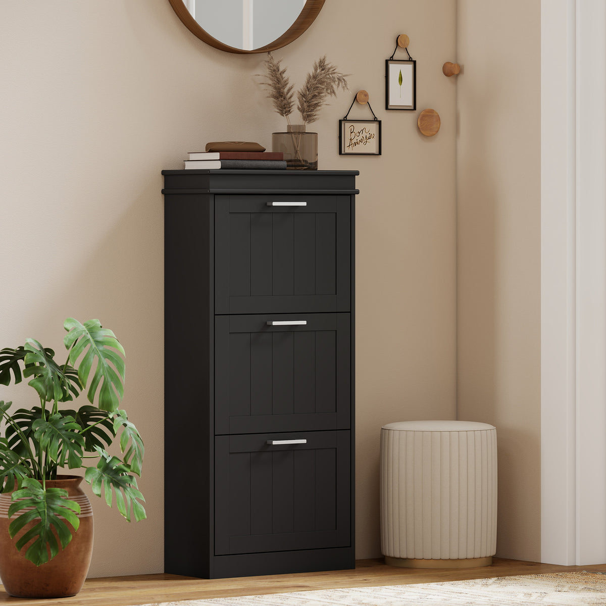 Slim Shoe Cabinet with 3 Flip Drawers and Adjustable Shelves – 21"W x 46"H