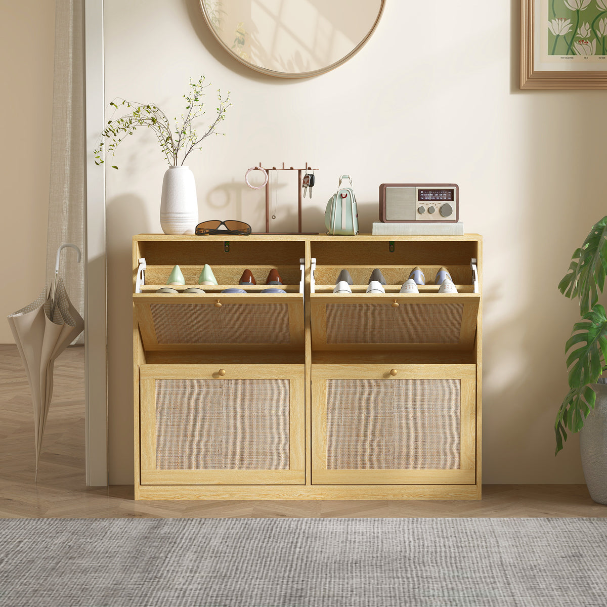 Rattan Shoe Cabinet with 4 Flip Drawers – 41"W x 32"H