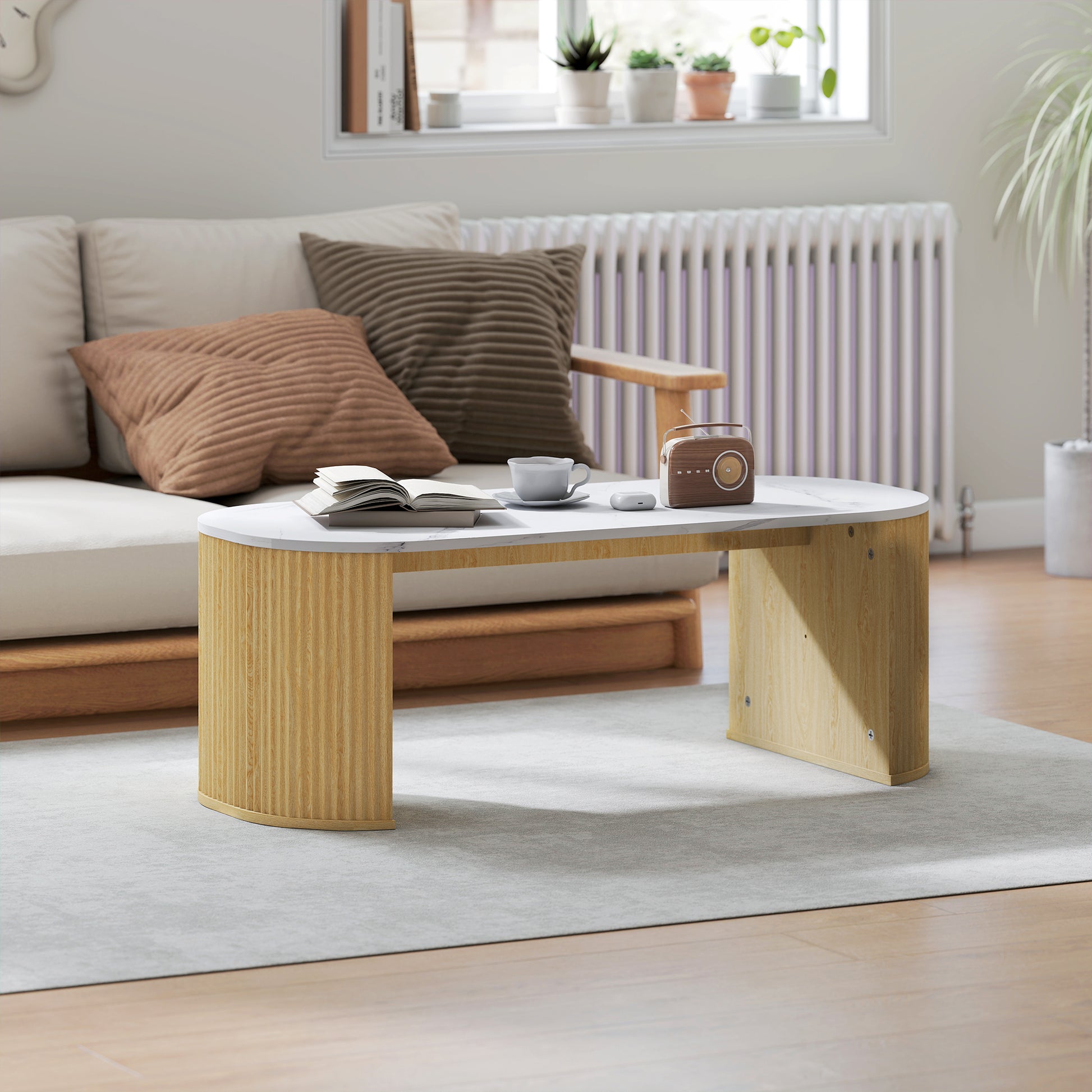 Modern Marble-Effect Coffee Table with Rounded Corners and Natural Wood Legs