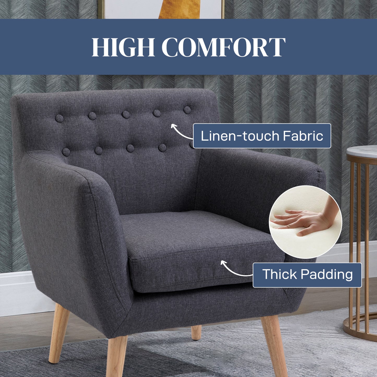 HOMCOM Mid-Century Modern Dark Grey Tufted Linen Accent Arm Chair with Wood Legs