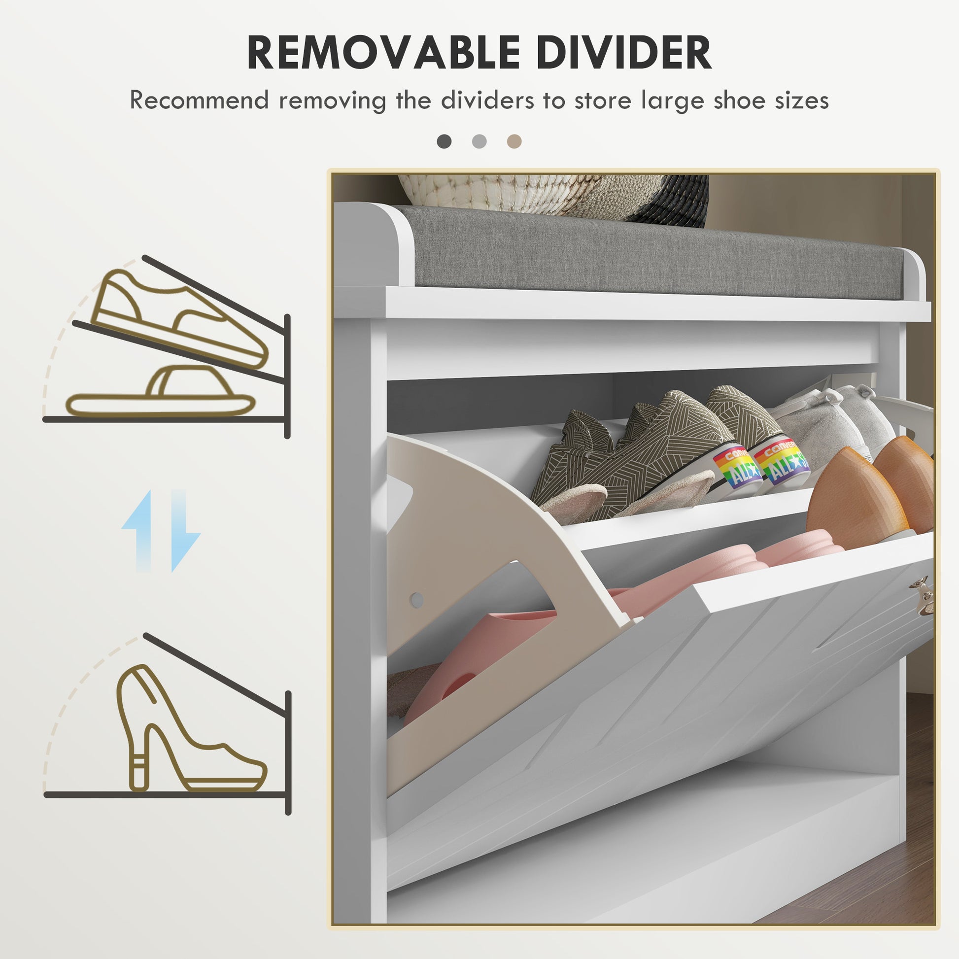 HOMCOM Upholstered Hallway Shoe Storage Bench with Flip Drawer, Adjustable Shelf