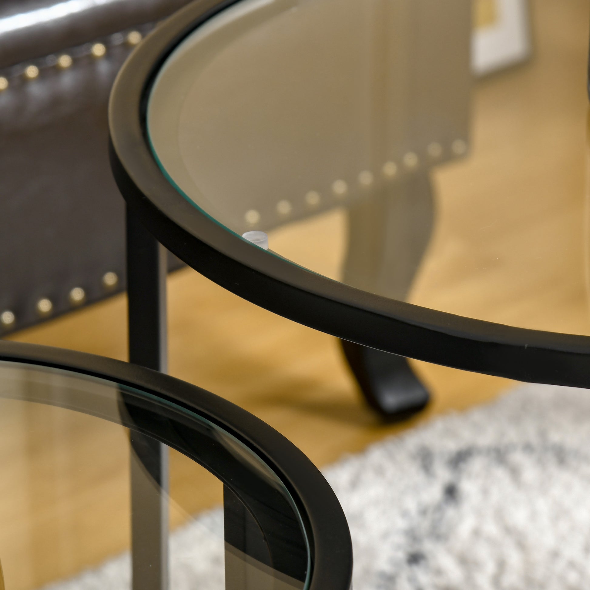 HOMCOM 2-Piece Nesting Round Coffee Tables, Tempered Glass Tops, Black Metal Base